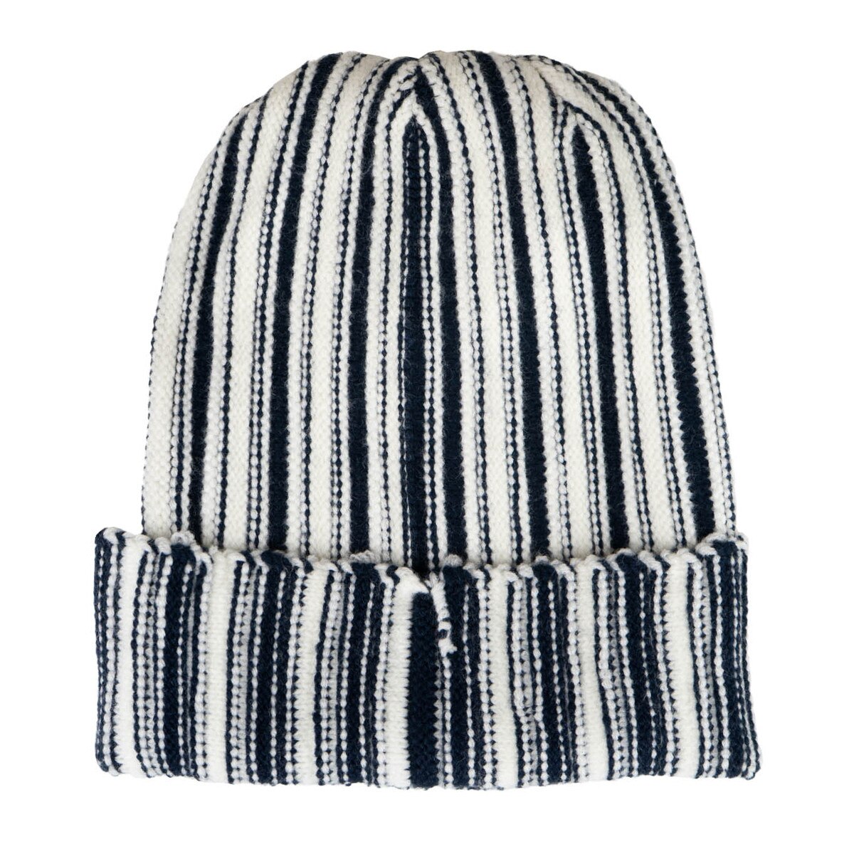 U-state white and navy striped knit base camp beanie